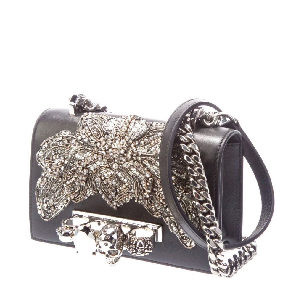 Alexander McQueen Orchid Embroidered Jeweled Leather Satchel / Shoulder Bag - Picture 4 of 13